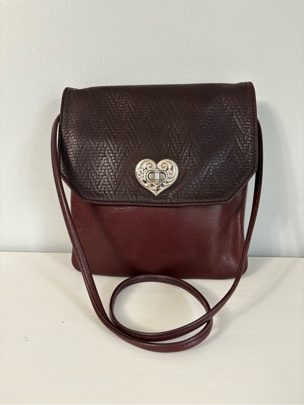 Last Chance Leather Crossbody Bag Two Tone Heart Clasp Vintage Inspired Boho